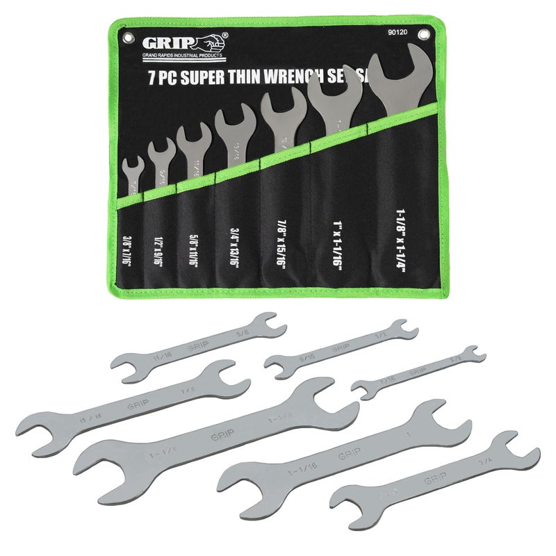 Grip 7 pc Super Thin Open End Wrench Set - 1/8" Thickness - Sizes: 3/8" x 7/16", 1/2" x 9/16", 5/8" x 11/16", 3/4" x 13/16", 7/8" x 15/16", 1" x 1-1/16", 1-1/8" x 1-1/4" - Roll Up Storage Pouch - Image 1